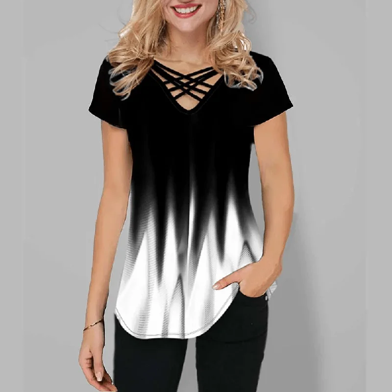 Womens Short Sleeve Blouse Printed Gradient V Neck Cross Strap