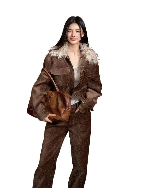Best Deals contemporary trench coatVintage Brown Suede Jacket with Removable Fur Collar