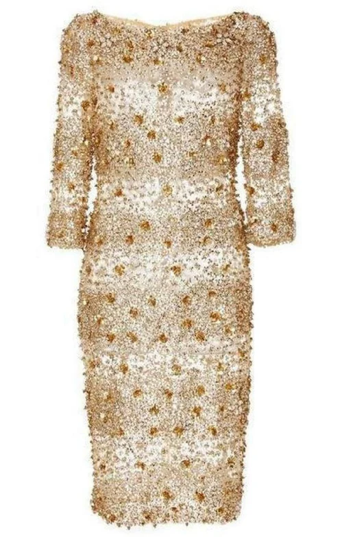 Year-End Sale flowy evening dressNaeem Khan Beaded Gold Fitted Cocktail Dress