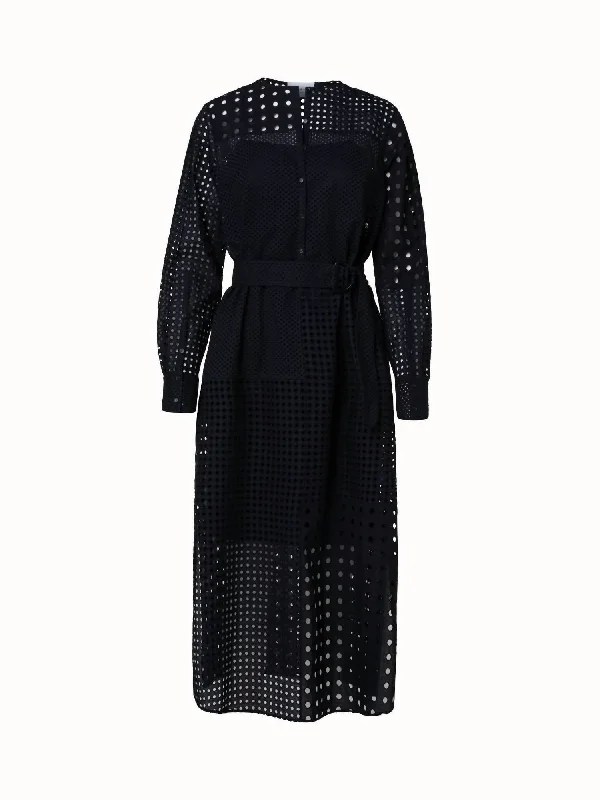 Deal Explosion casual day dressEyelet Embroidery Pattern Block Belted Midi Dress In Black