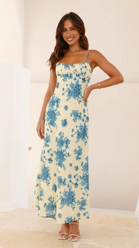 Act Now Margie Midi Dress - Yellow / Blue Floral