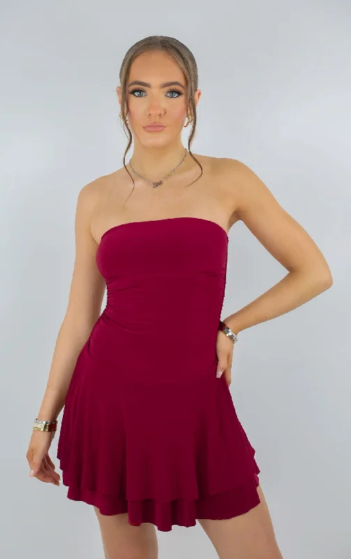 Burgandy Bandeau Ruched Skater Mini Dress