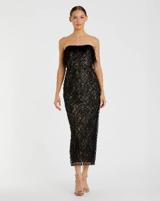 Black Embellished Feather Strapless Column Dress