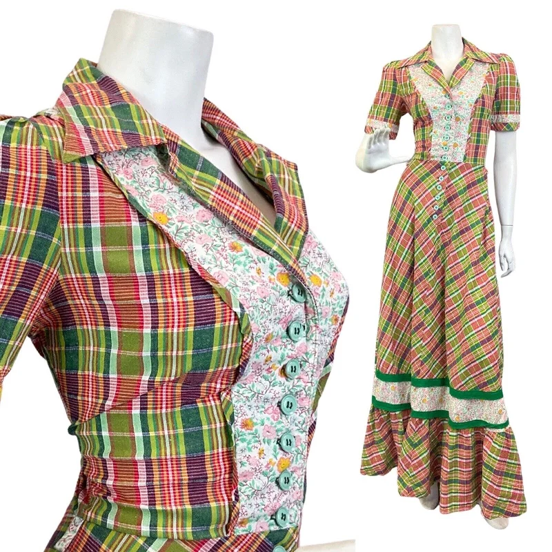 Factory Direct Sale VINTAGE 70s GREEN RED PURPLE PLAID DITSY FLOWER BOHO PRAIRIE DAGGER MAXI DRESS 8 Factory Direct Sale VINTAGE 70s GREEN RED PURPLE PLAID DITSY FLOWER BOHO PRAIRIE DAGGER MAXI DRESS 8