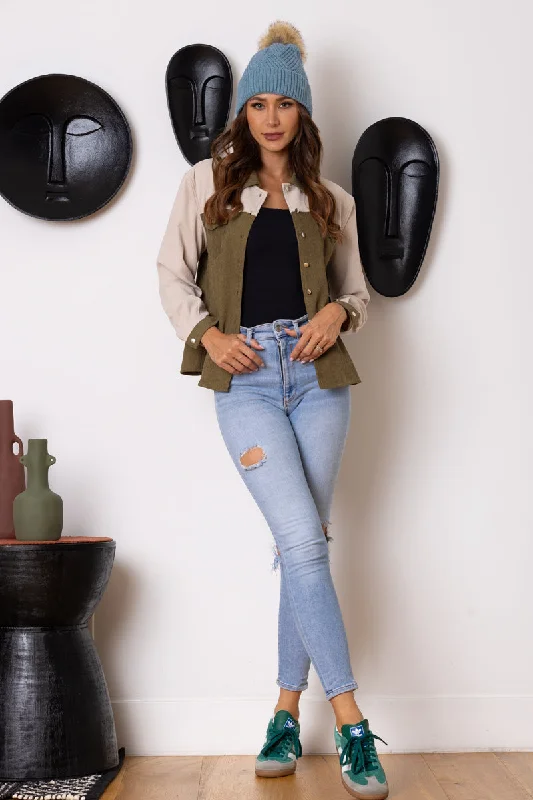 Instant Discount elegant coatOLIVE/BEIGE COLOR BLOCK CORDUROY LONG SLEEVES JACKET-B51570W