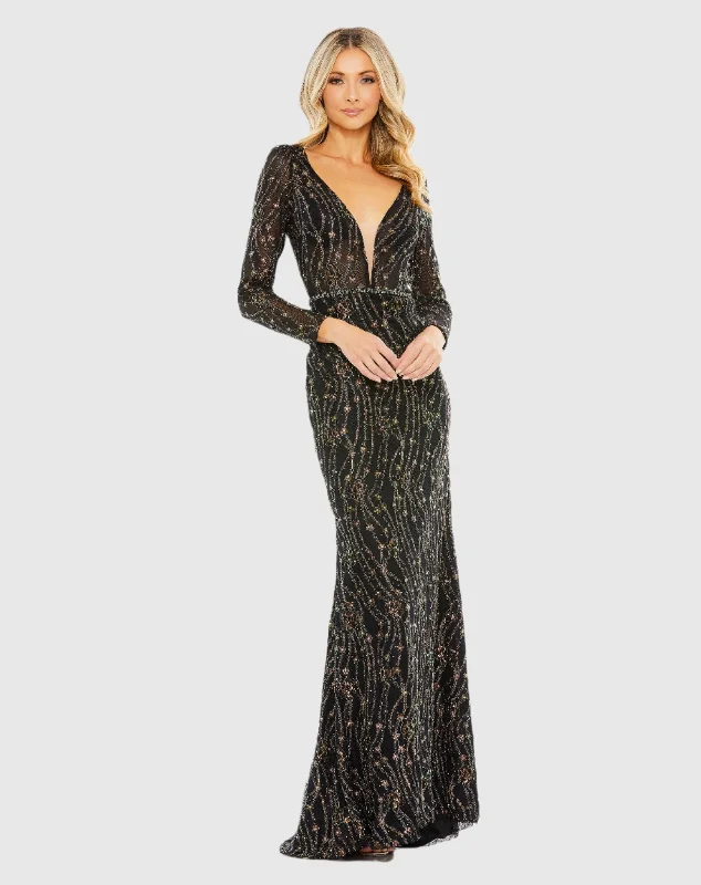 Black Embellished Long Sleeve Plunge Trumpet Gown