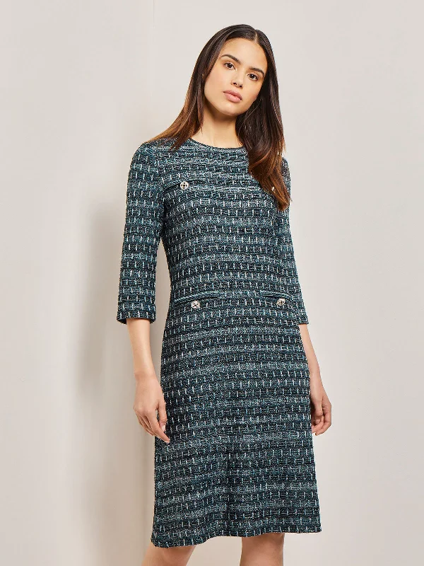 Metallic Accent Tweed Knit Shift Dress