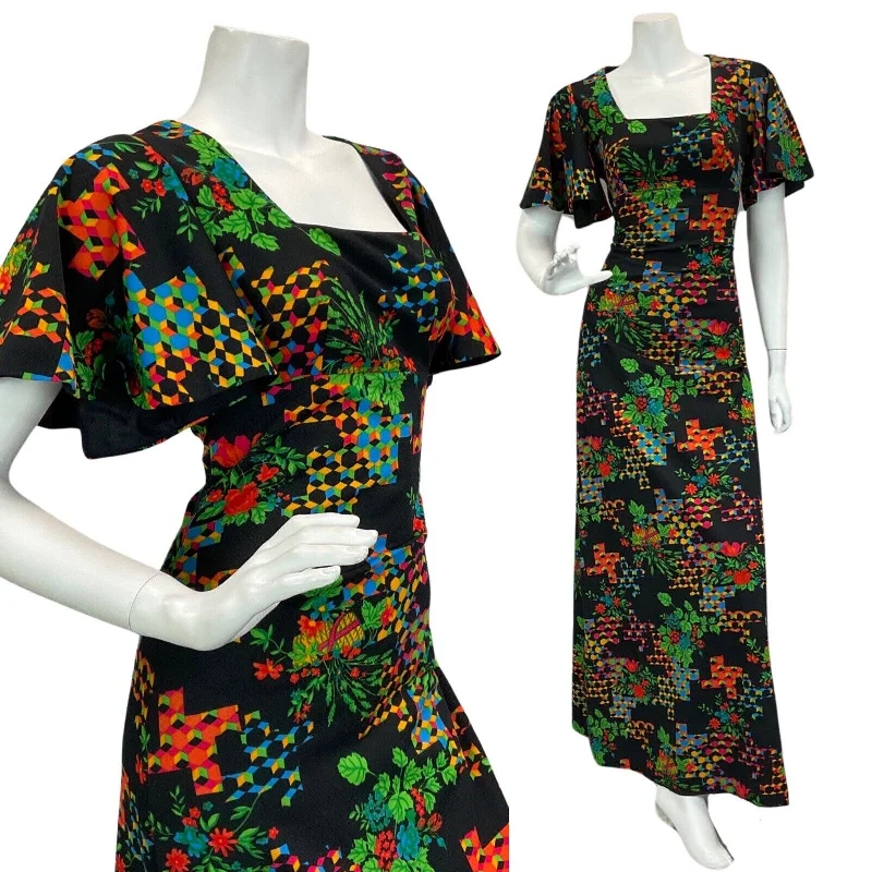 Shop and Save VTG 60s 70s BLACK RED GREEN BLUE FLORAL PSYCHEDELIC ANGEL SLEEVE MAXI DRESS 10