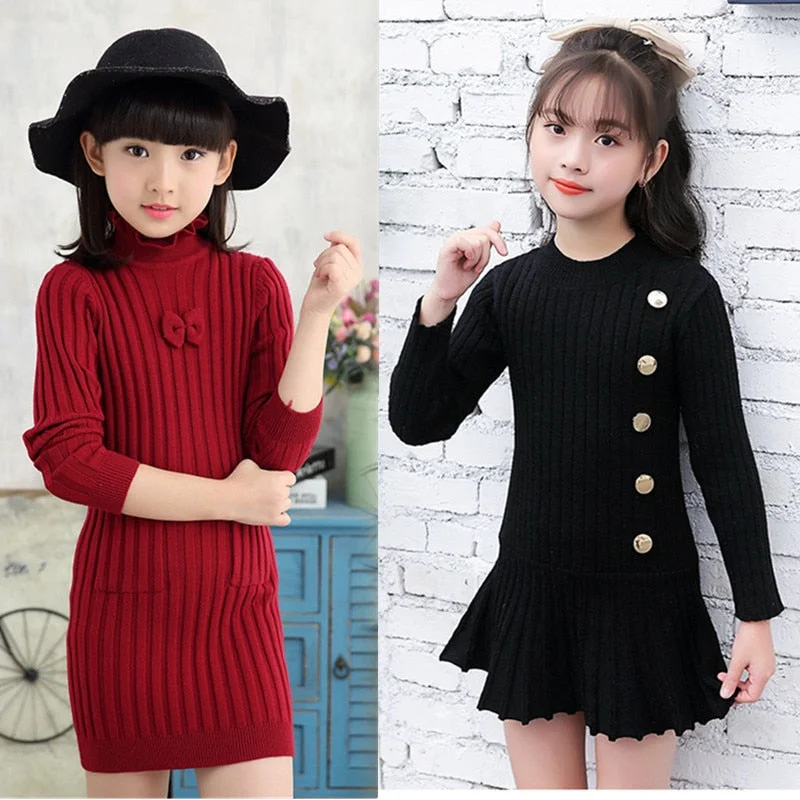 Winter sweater Dress for Girls knitting Dress Teenager Girls Clothing Long Sleeve Fall Clothes Slim Pleated A-line Dress 4-14 y