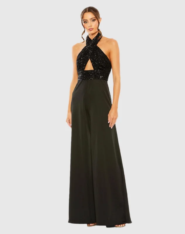 Black Sequined Cross Neck Halter Jumpsuit