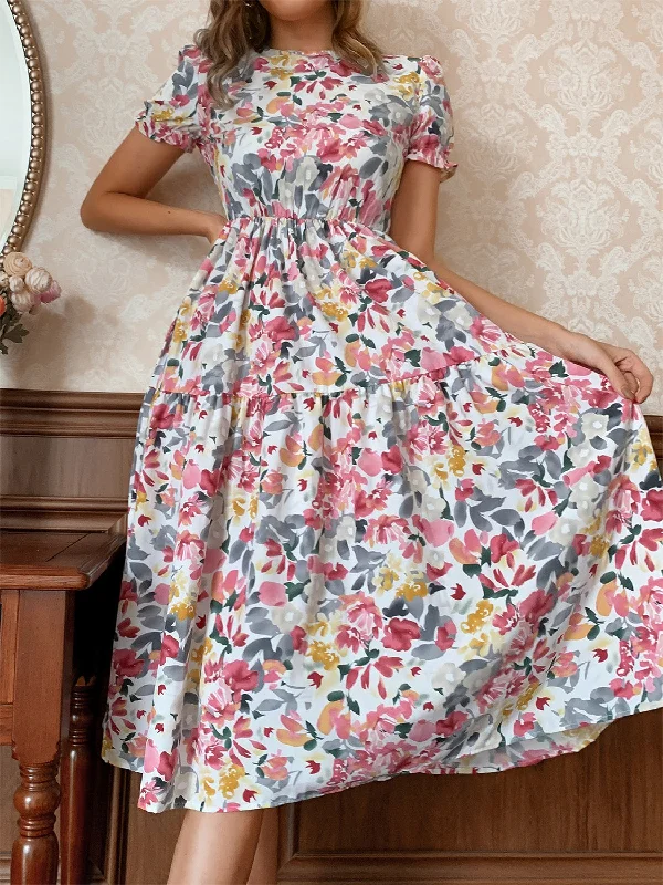 Online Specials party dressFloral Round Neck Short Sleeve Midi Dress