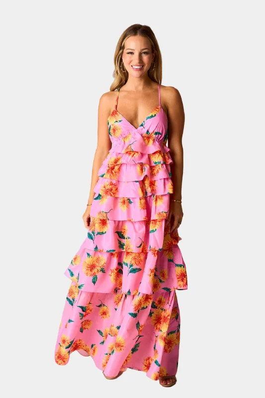Great Bargains satin midi dressCallie Tiered Maxi Dress - Sunflower