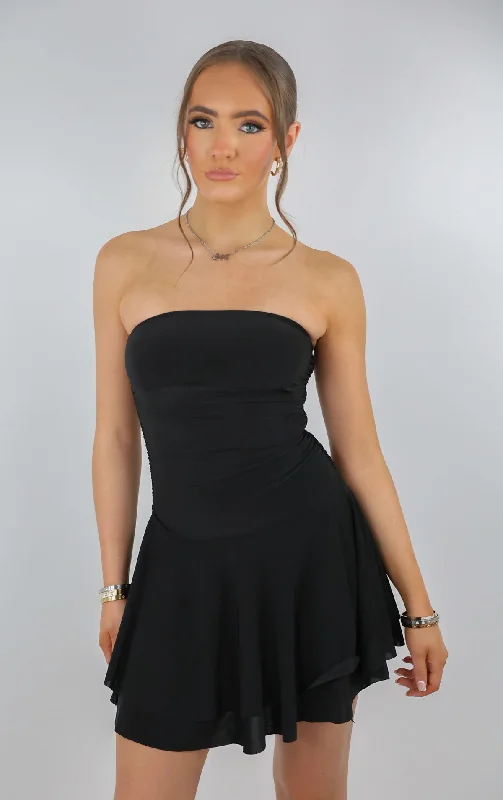 Black Bandeau Ruched Skater Mini Dress