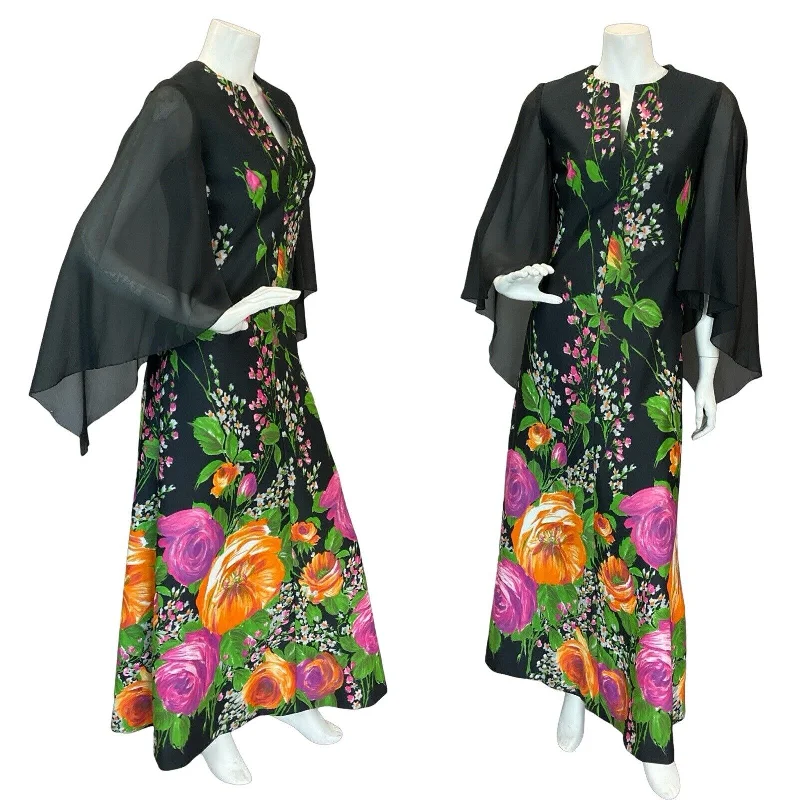 Grand Opening Sale VTG 70S FLORAL CAPE SLEEVE MAXI DRESS WEDDING BLACK GREEN PINK ORANGE 6 8