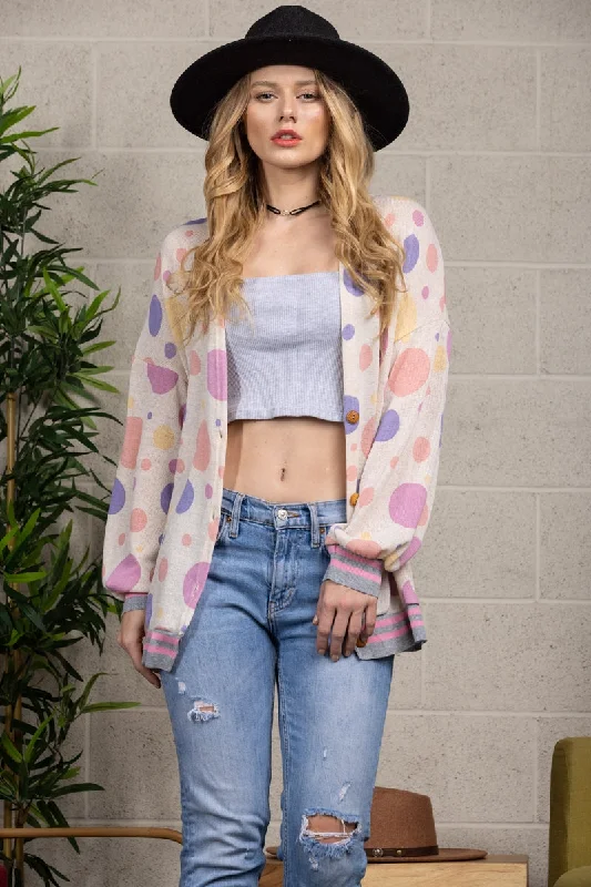 Daily Specials premium coatOATMEAL POLKA DOT PRINT OPEN FRONT RIB STITCH CARDIGAN T6748