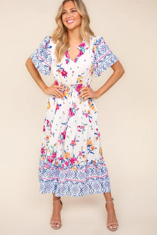Deal Dash trendy bodycon dressHaptics Printed Notched Short Sleeve Tiered Dress
