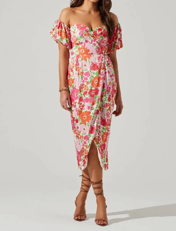 Zurina Floral Off The Shoulder Midi Dress In Pink