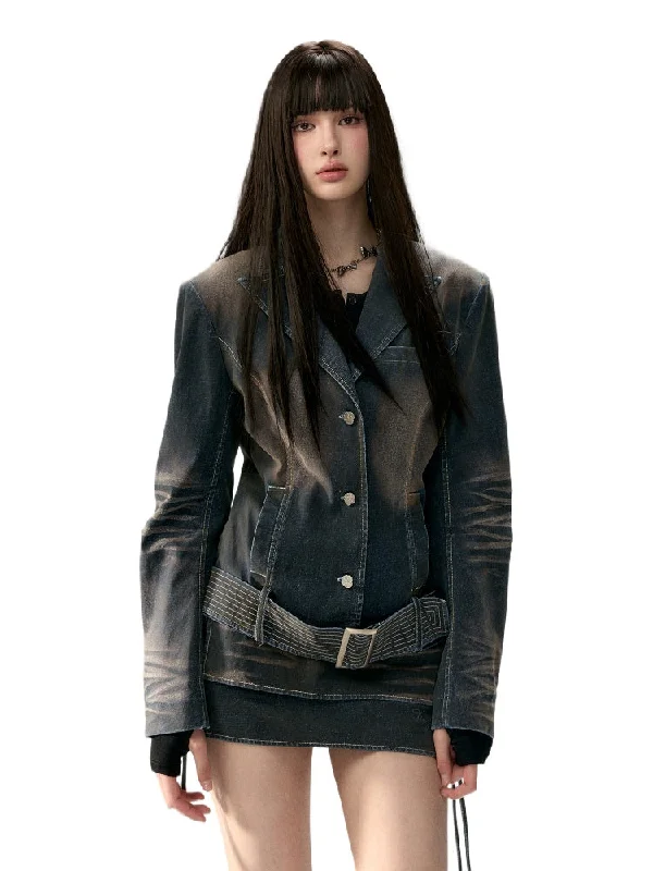 Special Price breathable jacketWide Waist Belt Denim Blazer