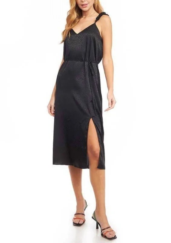 Satin Scrunch Strap Midi Dress In Black