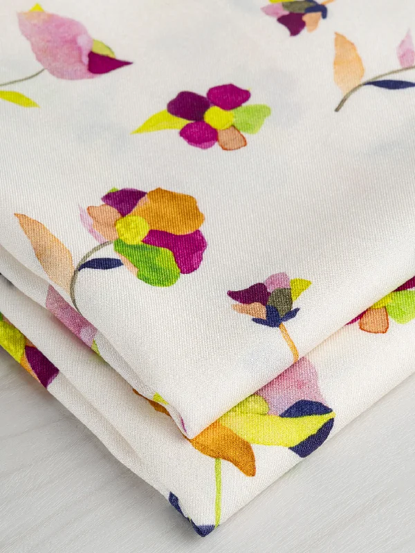 Watercolour Floral Print Viscose Twill - Cream + Magenta + Orange + Blue