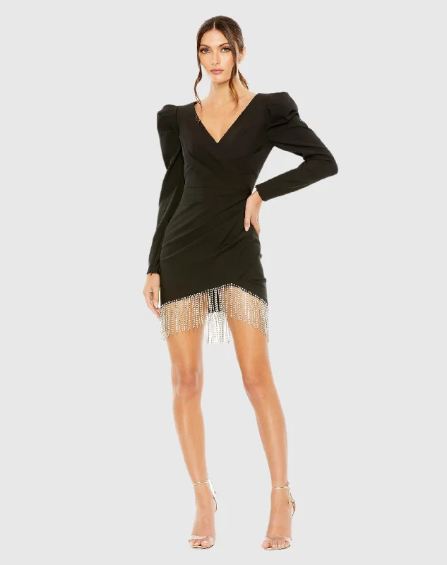 Faux Wrap Beaded Fringe Hem Mini Dress