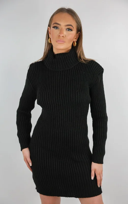 Black Turtle Neck Knit Jumper Dress