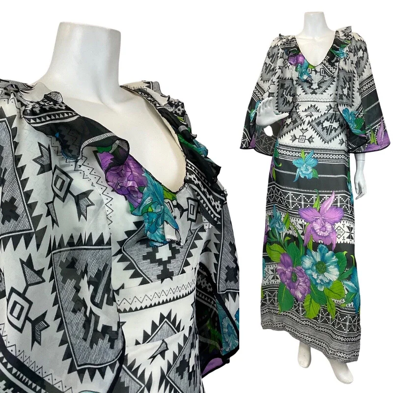 Midnight Sale VTG 60s 70s WHITE BLACK PURPLE BLUE GEOMETRIC AZTEC FLORAL CAPED MAXI DRESS 10 Midnight Sale VTG 60s 70s WHITE BLACK PURPLE BLUE GEOMETRIC AZTEC FLORAL CAPED MAXI DRESS 10