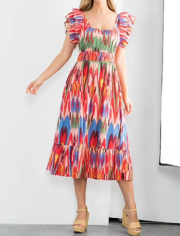 Flutter Sleeve Ikat Print Dress In Pink