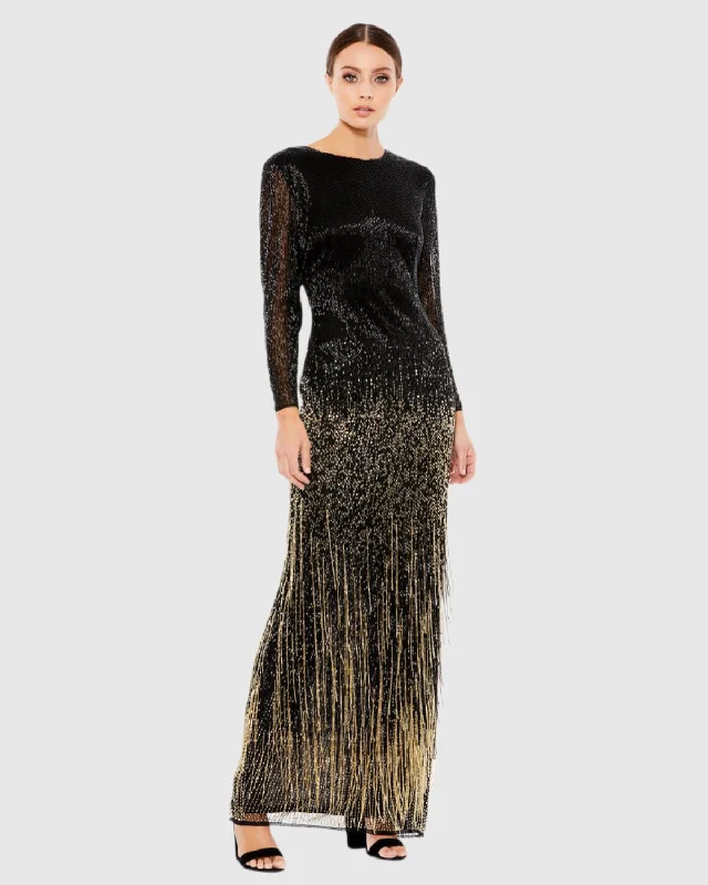 Long Sleeve Beaded Fringe Evening Gown