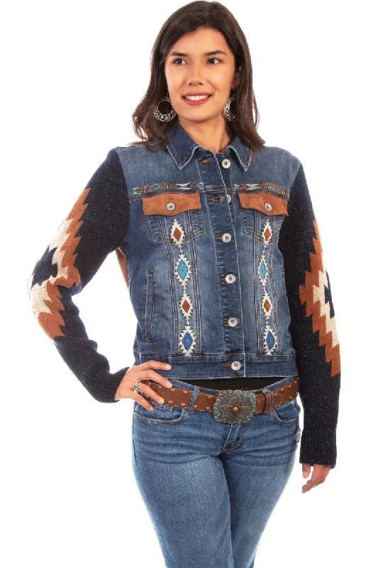 Price Cut soft coatHoney Creek Aztec Embroidery - Womens Sweater Sleeve Denim Jacket
