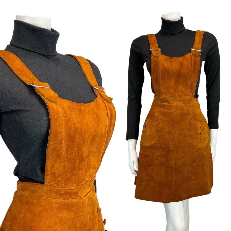 Super Sale VINTAGE 60s 70s BROWN SUEDE PINAFORE BOHO MOD APRON DRESS 12