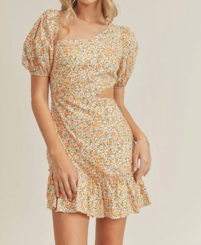 New Markdowns romantic dressFloral Asymmetric Cut Out Mini Dress In Yellow