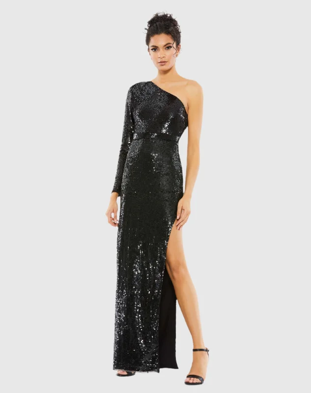 Black Sequined One Sleeve Column Gown