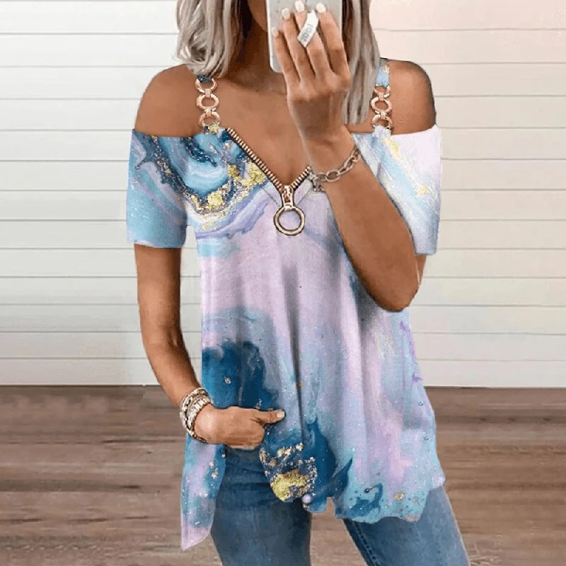 Womens  V Neck Chain T-Shirt Cold Shoulder Summer Blouse