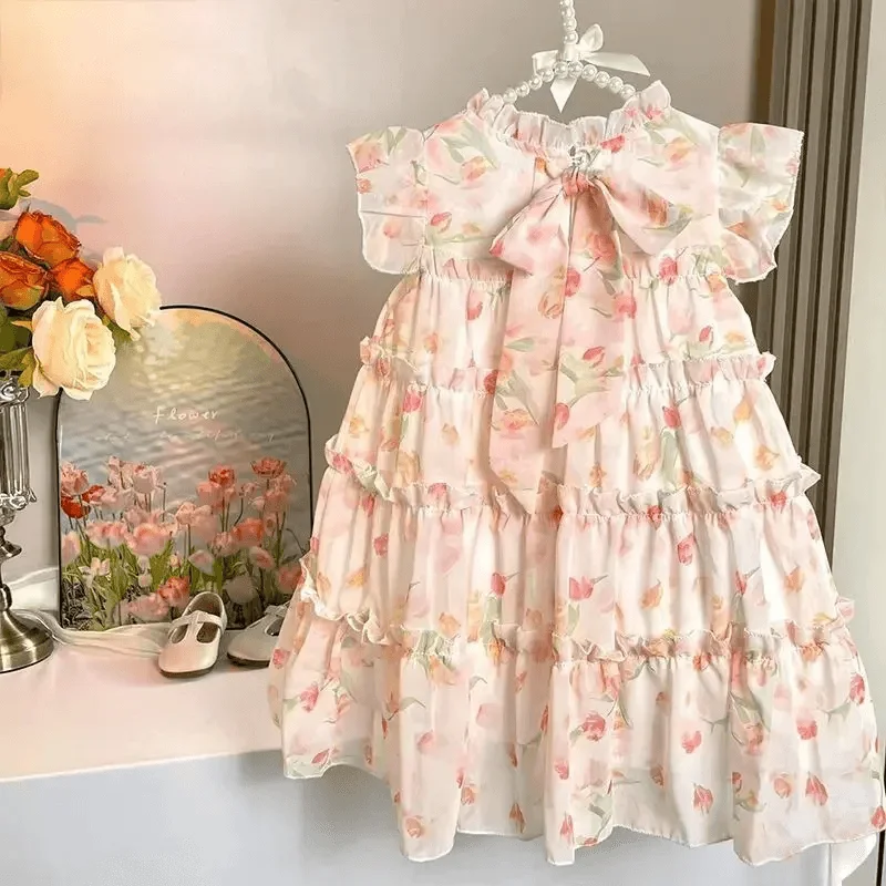 Children Girls Sleeveless Dress Summer Dress 2023 New Baby Super Fairy Floral Chiffon  Girl Princess Dress