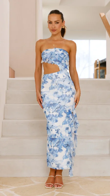 Steals and Deals Zinnia Midi Dress - Blue Floral