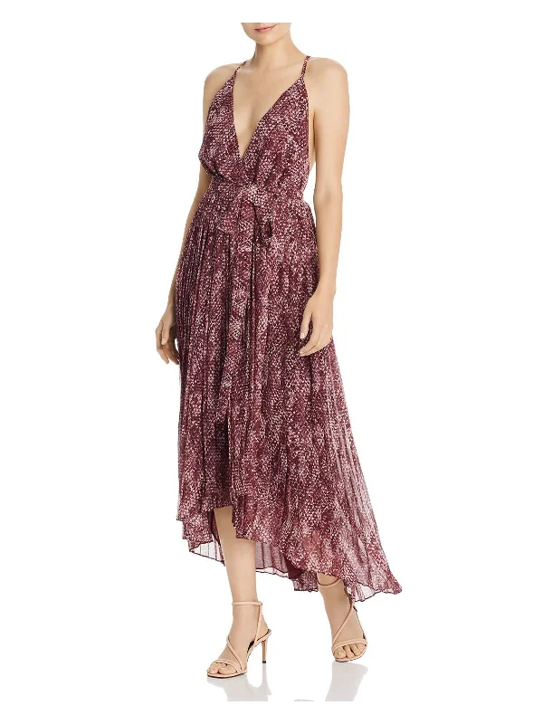 Big Discounts FAME AND PARTNERS Womens Pleated Printed Spaghetti Strap V Neck Below The Knee Evening Hi-Lo Dress