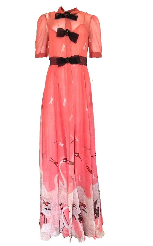 Closeout oversized dressPink Swan Print Dress with Bows on the Front