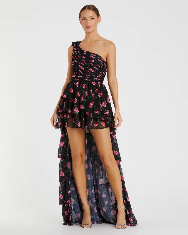 One Shoulder Ruffled Rose Print Layered High-Low Dress - FINAL SALE