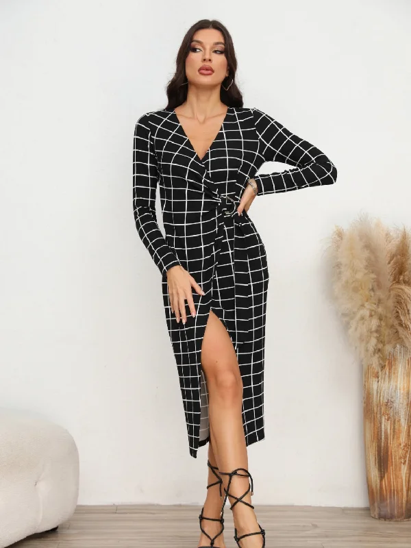Instant Savings stylish dressPlaid Long Sleeve Slit Dress