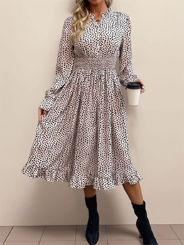 Factory Direct Sale casual slip dressRuched Ruffled Leopard Long Sleeve Dress