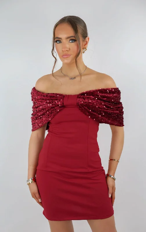 Burgundy Off The Shoulder Velvet Sequin Bow Structured Dress