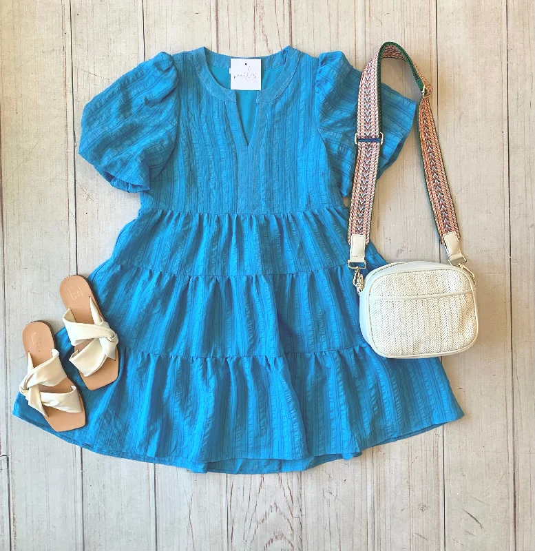 Final Sale Blue Balloon Sleeve Tiered Dress