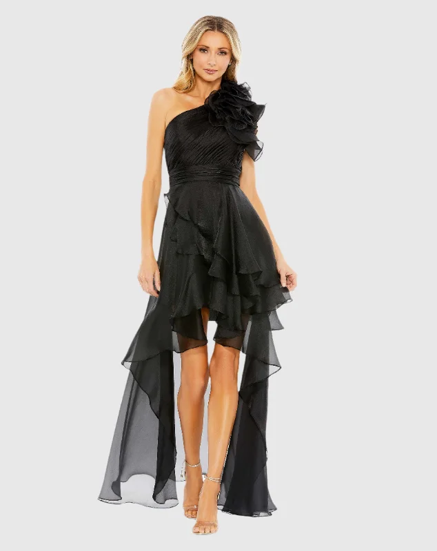 Black One Shoulder Ruffle Hi-Lo Gown