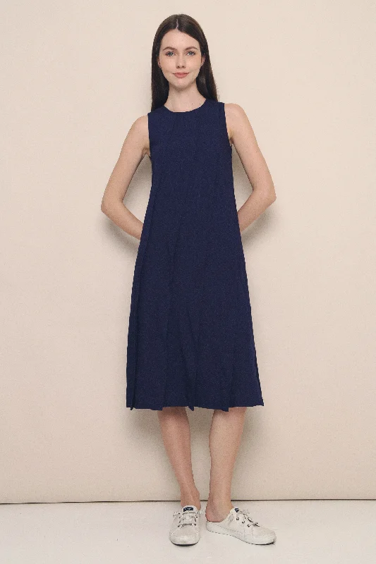 Final Clearance Mila Diagonal Pleat Midi Dress Navy