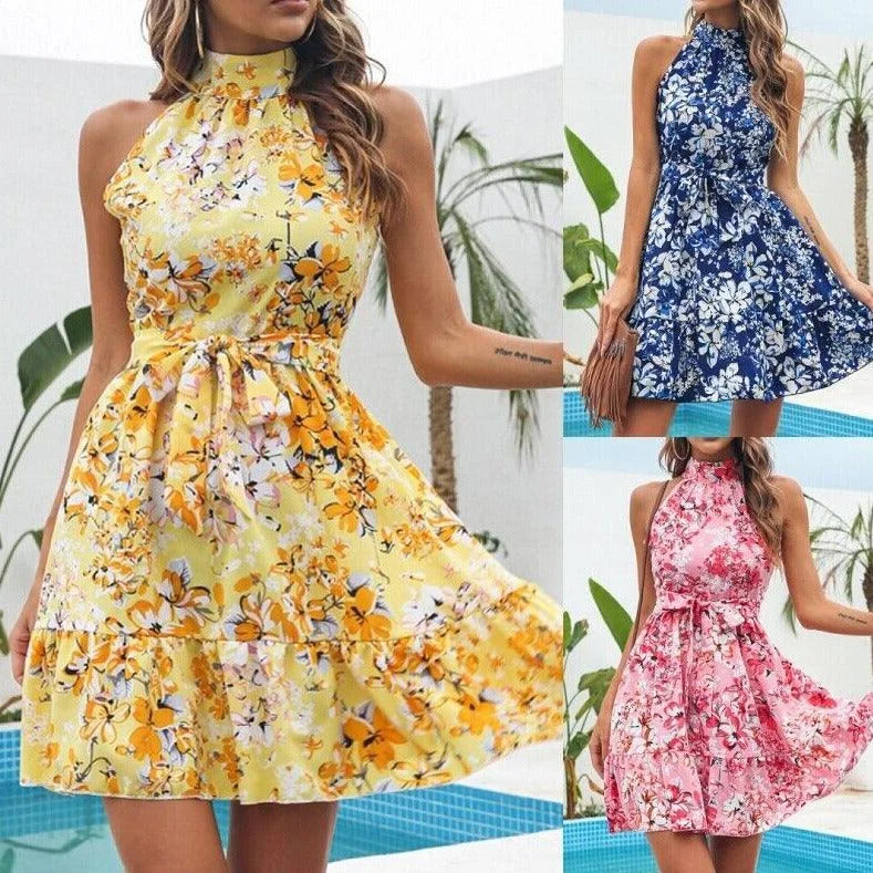 Women Floral Sleeveless Swing Chiffon Holiday Dress