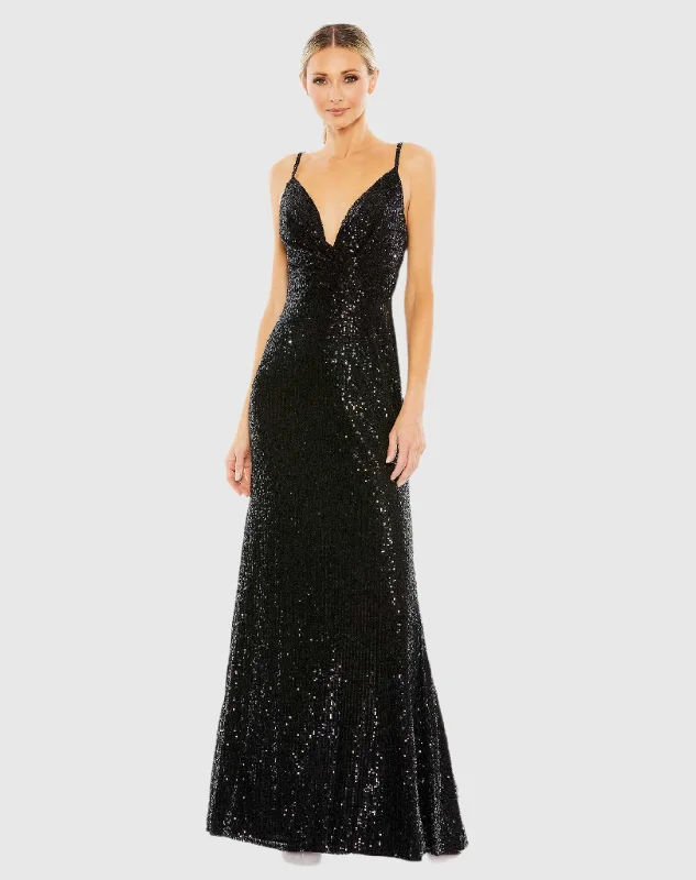 Black Sequined Draped V Neck Gown