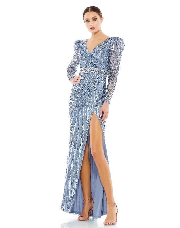 Take Advantage long-sleeve floral dressSequin Puff Sleeve Surplice Gown
