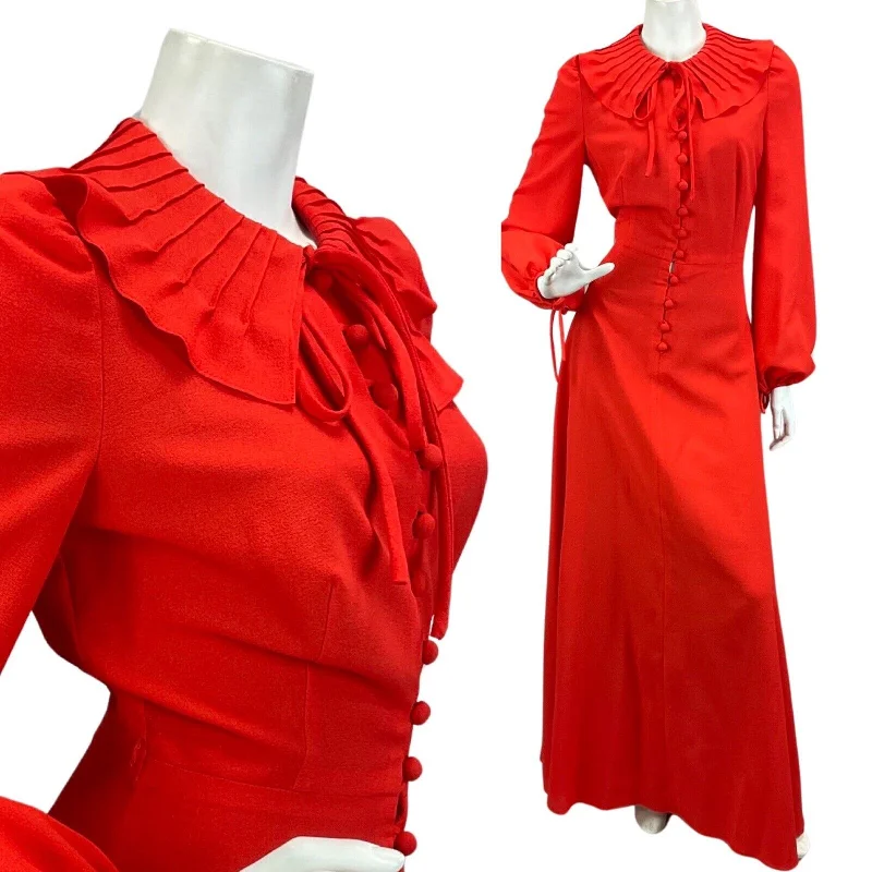 Online Only VINTAGE 60s 70s RED RUFFLE EVENING PARTY MOD BOHO VERA MONT  MAXI DRESS 10