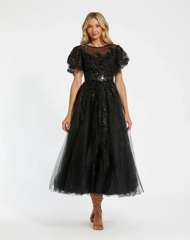 Black Embellished Flutter Sleeve Bow Waist A Line Dress